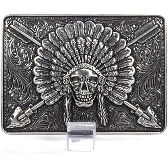 🆕Men's Antique Silver Metallic Imported Rectangle Chief Skull  Belt  Buckle - Picture 8 of 9